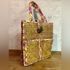Vera Bradley Bali Gold Yellow Floral Woven Wicker Cane Shoulder Tote Bag